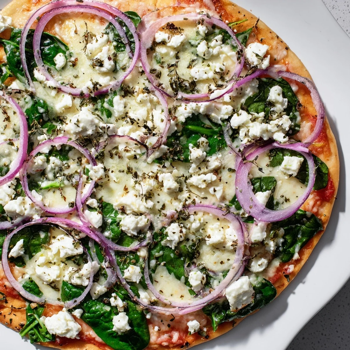 A golden Spinach and Feta Flatbread Pizza sliced into two pieces on a white plate, revealing layers of garlic oil, mozzarella, and fresh baby spinach.