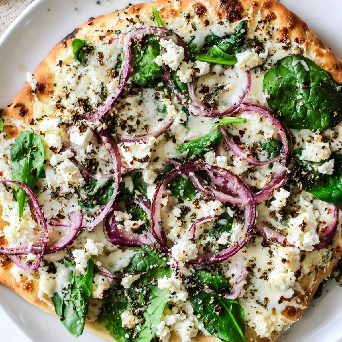 A Mediterranean-inspired Spinach and Feta Flatbread Pizza topped with sliced red onion and dried oregano, served on a rustic table setting.