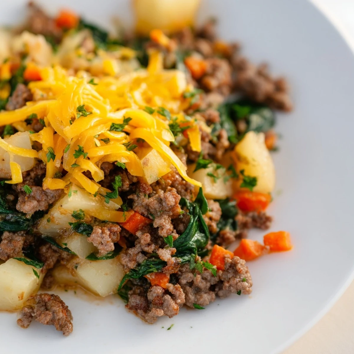 Close-up of High Protein Ground Beef and Potatoes showing tender diced potatoes and browned beef in a savory broth.