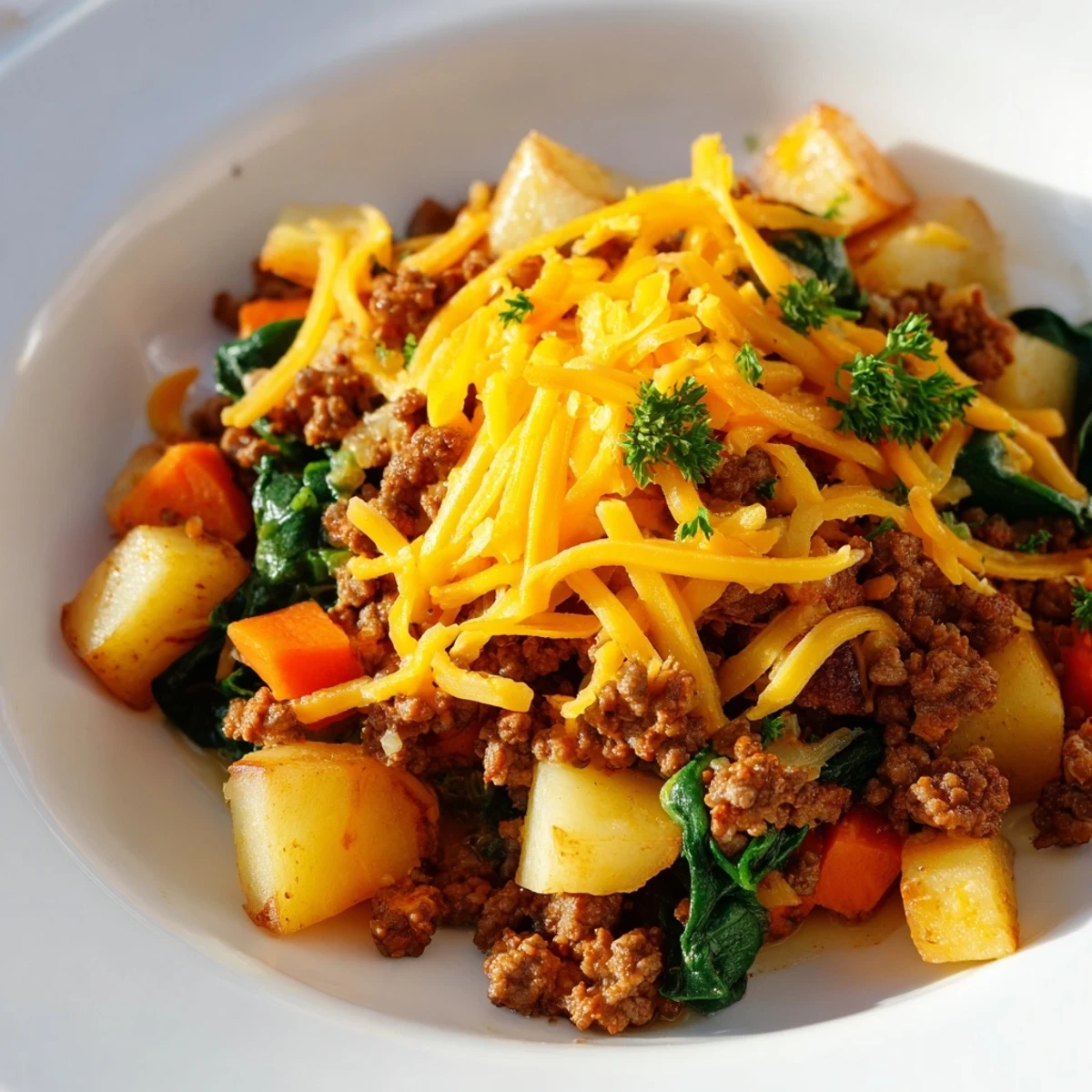 Golden skillet of High Protein Ground Beef and Potatoes with sautéed onions, carrots, and wilted spinach topped with melted cheddar.