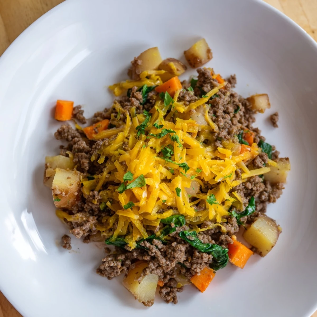 Family-style serving suggestion of High Protein Ground Beef and Potatoes plated beside a fresh side salad garnished with parsley.