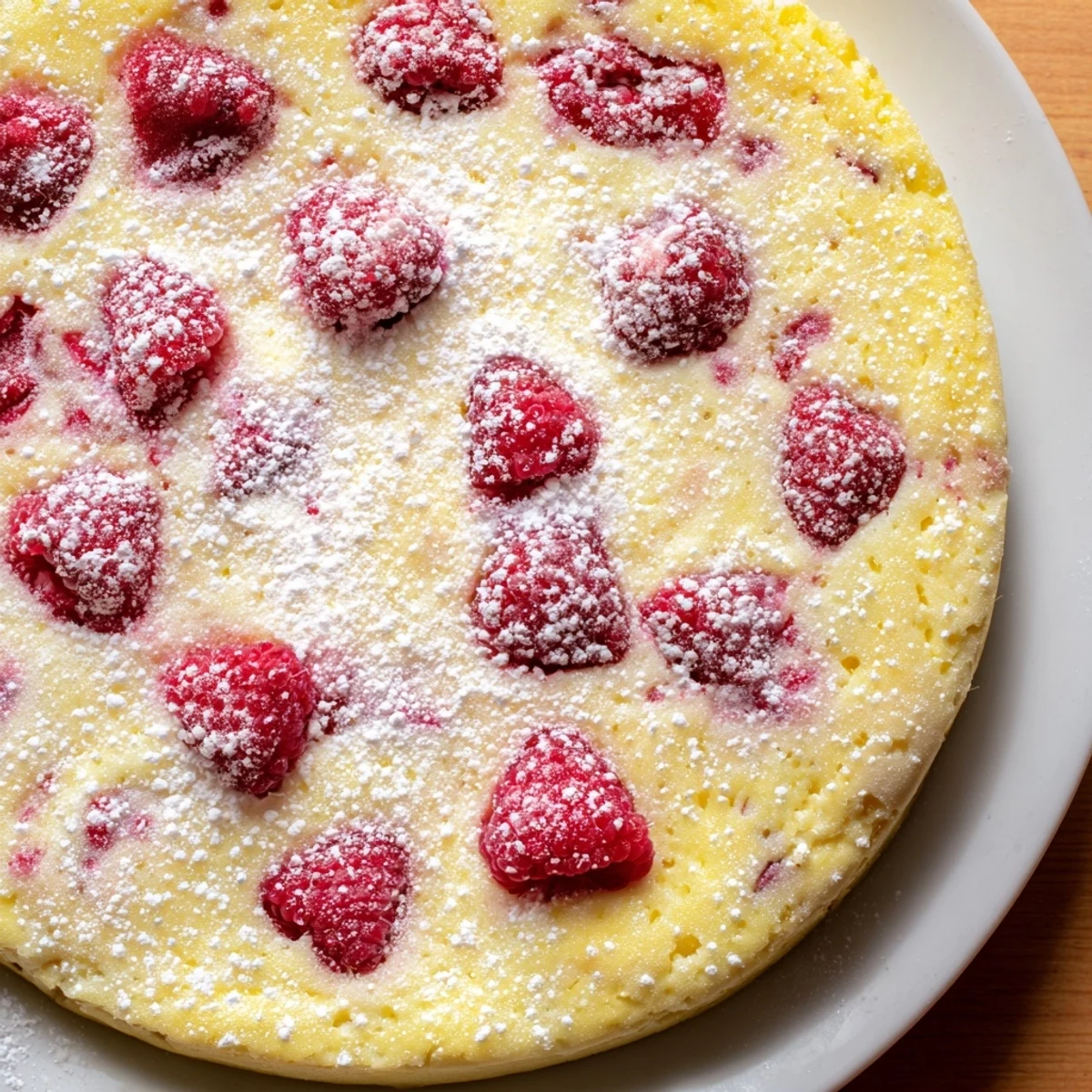 A slice of Lemon Raspberry Cottage Cheese Bake showcases golden edges and ruby-red berries on a white plate.