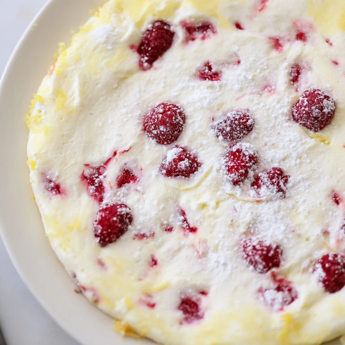 Golden-brown Lemon Raspberry Cottage Cheese Bake with powdered sugar dusting beside fresh raspberries and lemon zest.