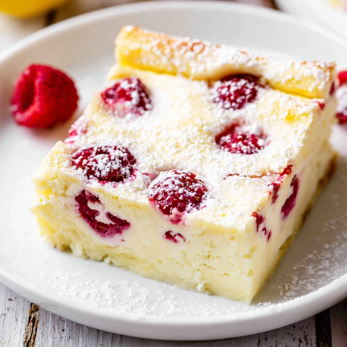 Close-up of Lemon Raspberry Cottage Cheese Bake revealing creamy texture, tart lemon aroma, and vibrant raspberry bursts.