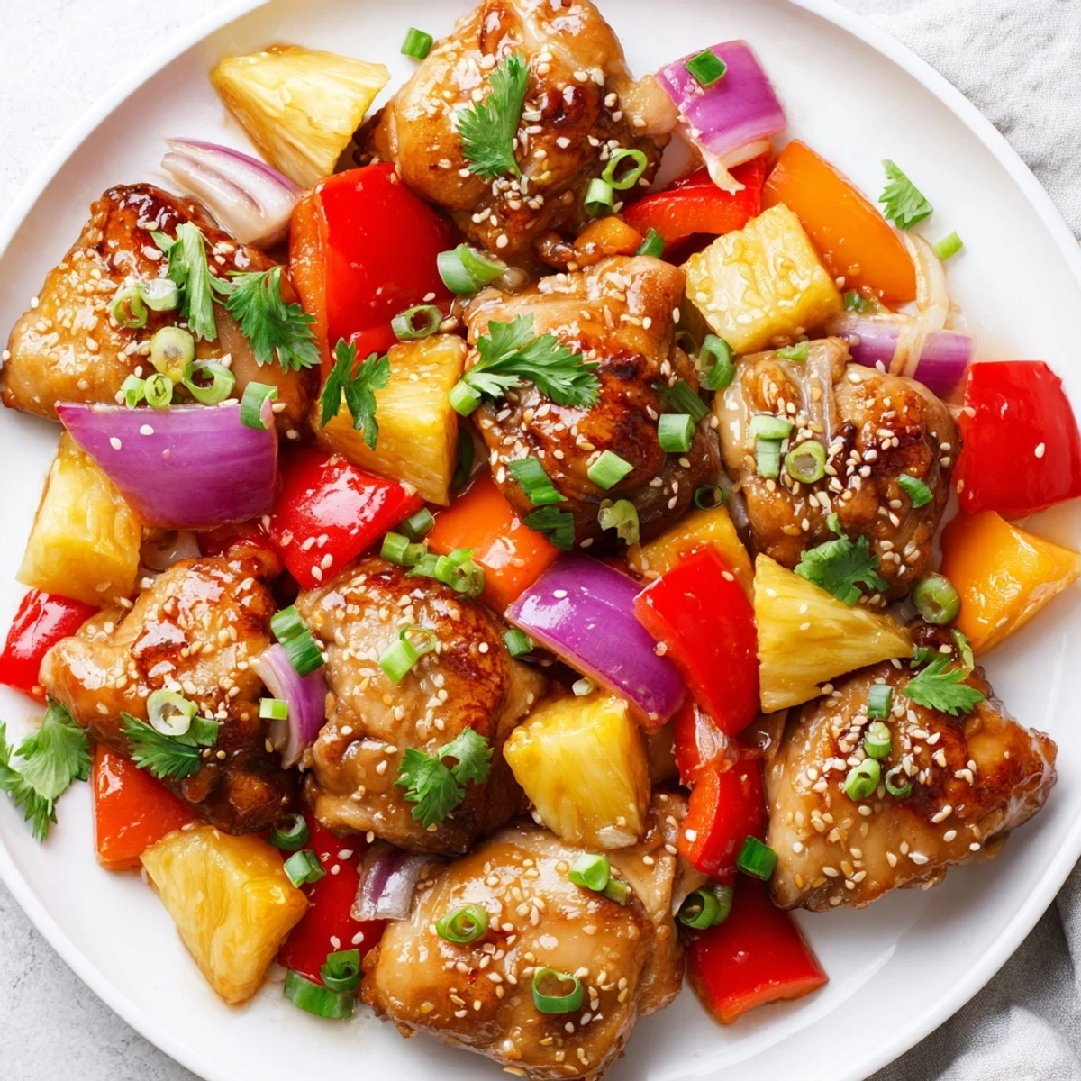 Golden-brown baked chicken on a sheet pan with caramelized pineapple, bell peppers, and onions in a glossy Hawaiian glaze.