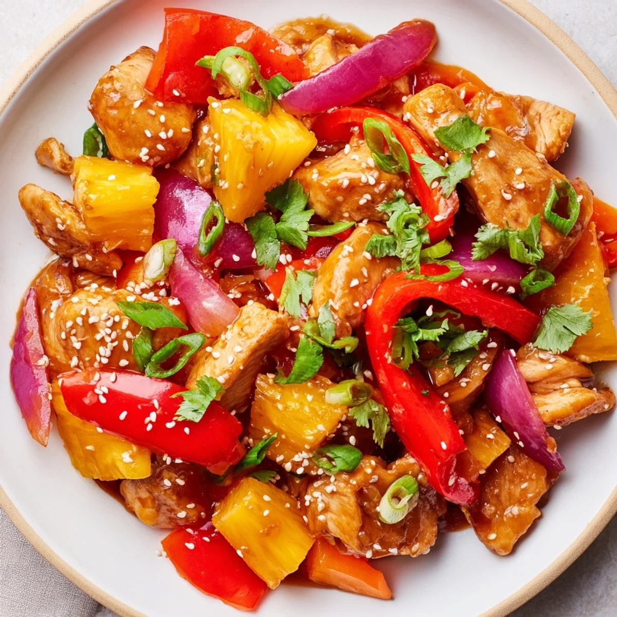 A close-up of juicy Marry Me Sheet Pan Hawaiian Chicken served over fluffy white rice with fresh cilantro.