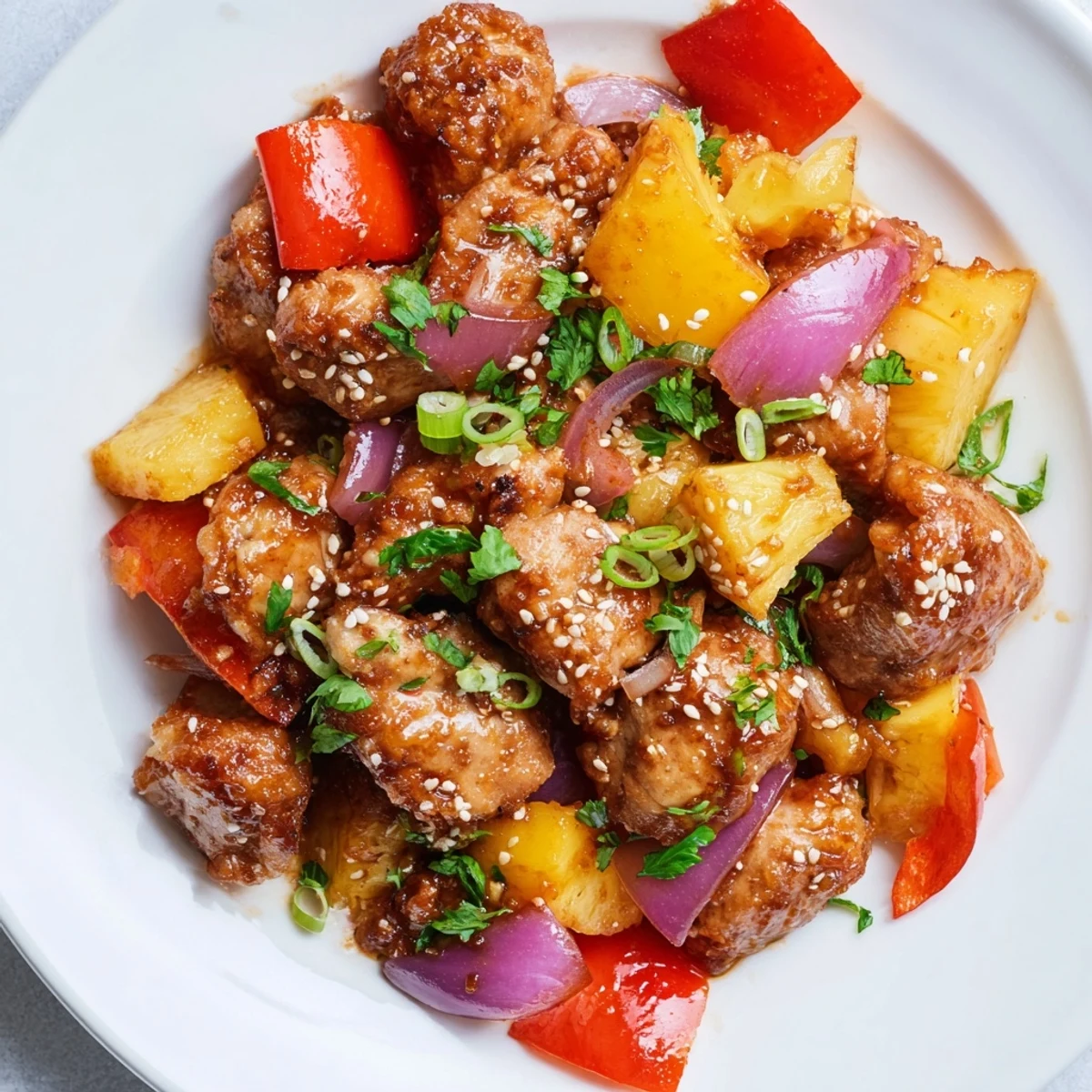 Overhead view of a single baking sheet with vibrant yellow pineapple and red peppers surrounding roasted chicken breasts.