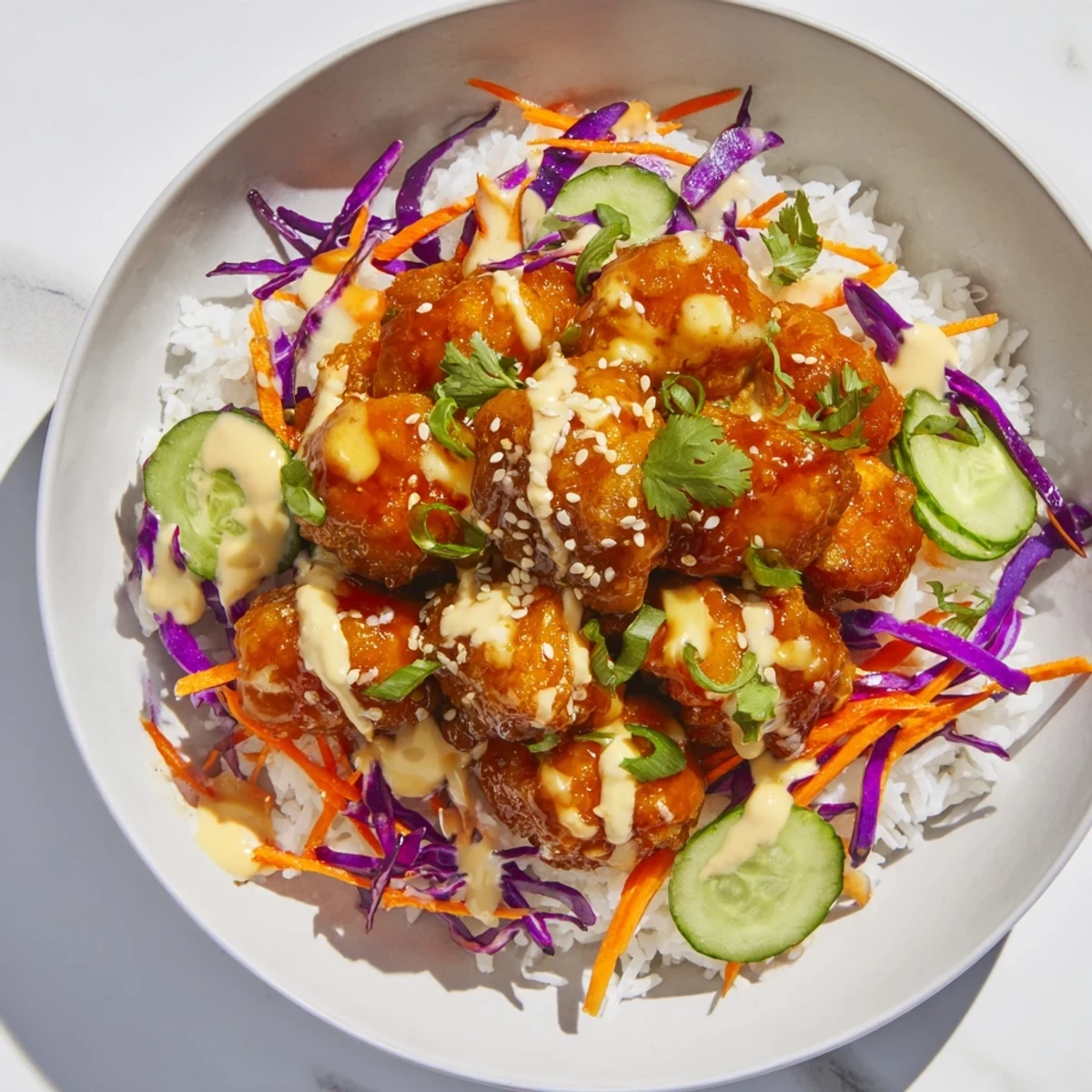 Golden-brown Marry Me Sweet Chili Chicken pieces glistening with glaze, nestled on fluffy jasmine rice beside crisp purple cabbage, carrots, and cucumber.