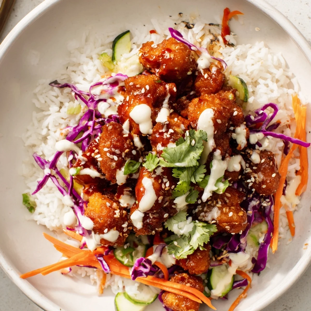 Vibrant Marry Me Sweet Chili Chicken Bowl topped with fresh cilantro and sesame seeds, ready for a creamy coconut lime drizzle garnish.
