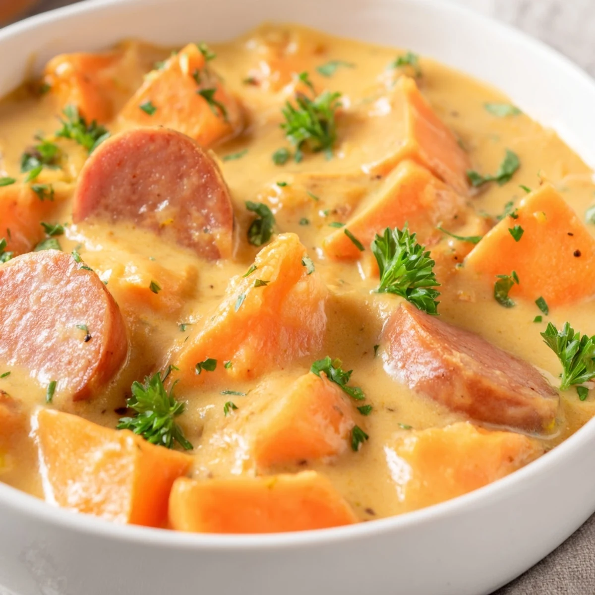 Steaming bowl of Creamy Sweet Potato and Sausage Soup with chunks of sweet potato and sliced sausage.