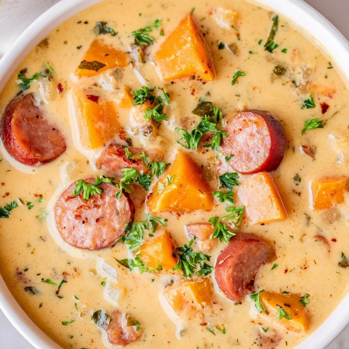 Creamy Sweet Potato and Sausage Soup garnished with fresh parsley and a rustic bread slice on the side.