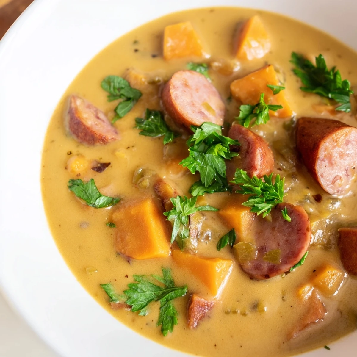 Close-up of Creamy Sweet Potato and Sausage Soup showing velvety texture and savory sausage pieces.