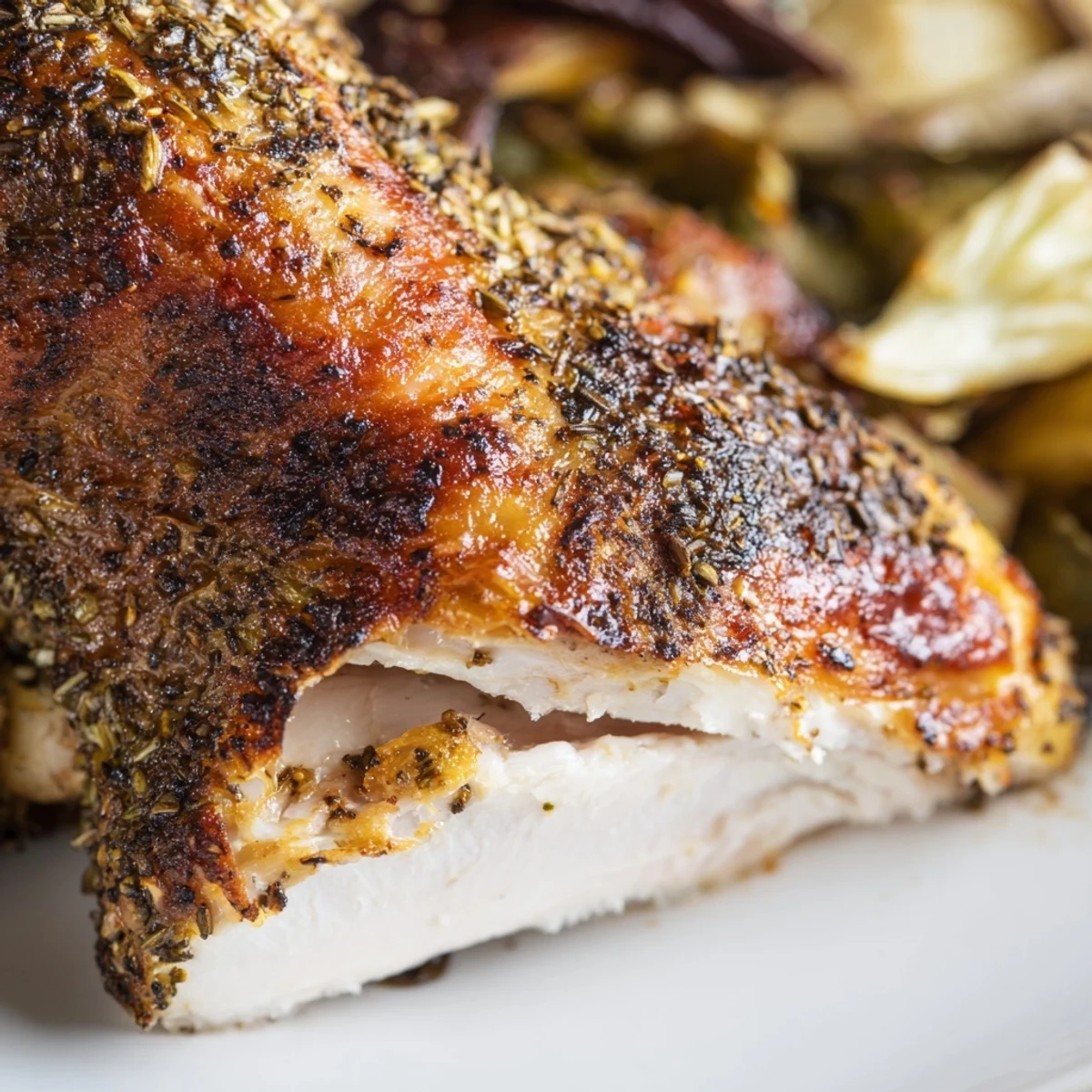 Golden-brown Roasted Zaatar Chicken with crispy skin, lemon slices, and roasted vegetables on a rustic platter.