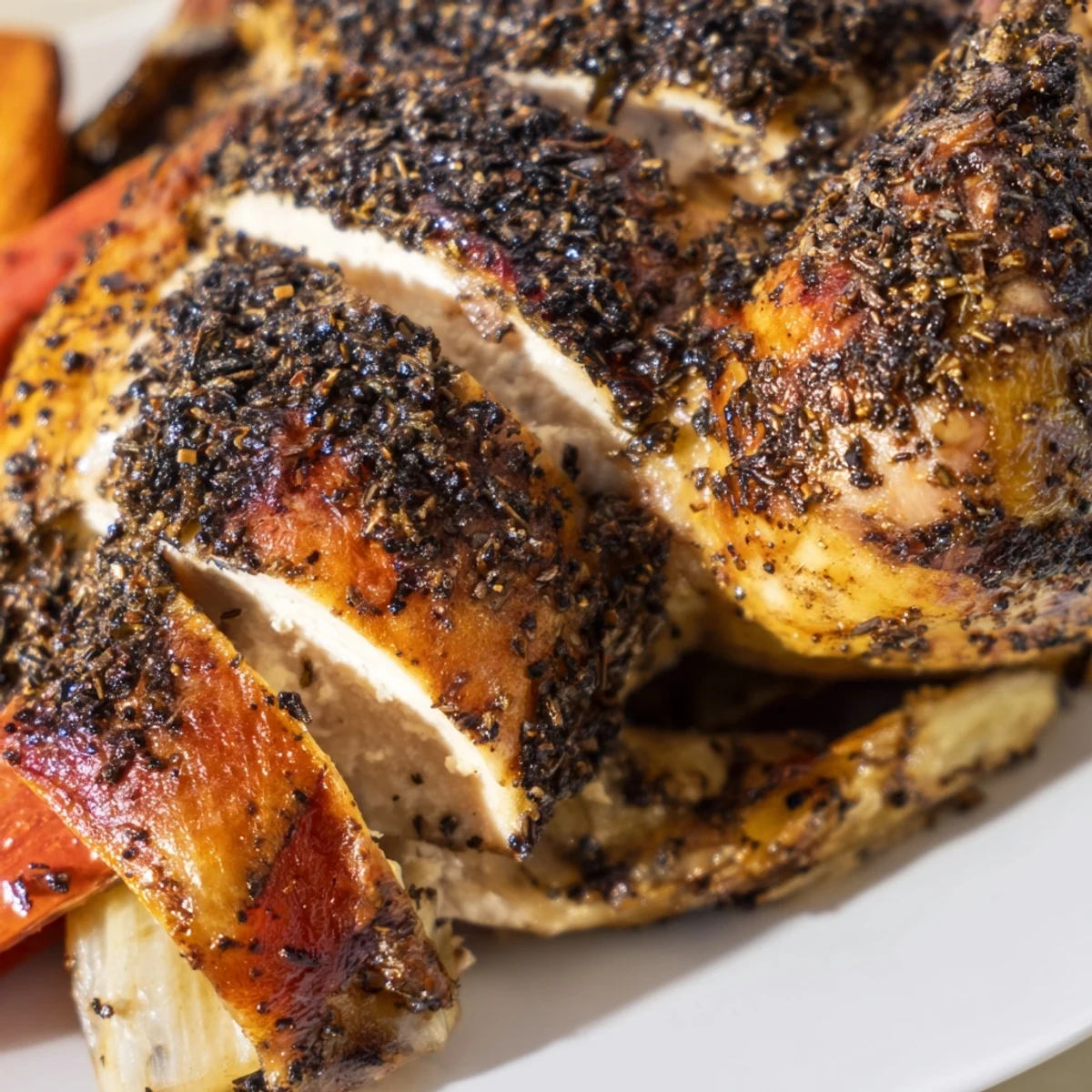Roasted Zaatar Chicken served with carrots and red onions, garnished with fresh parsley and a drizzle of olive oil.