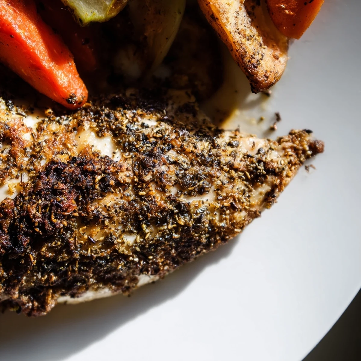Juicy Roasted Zaatar Chicken breast carved on a wooden board, revealing tender meat and fragrant zaatar herbs.