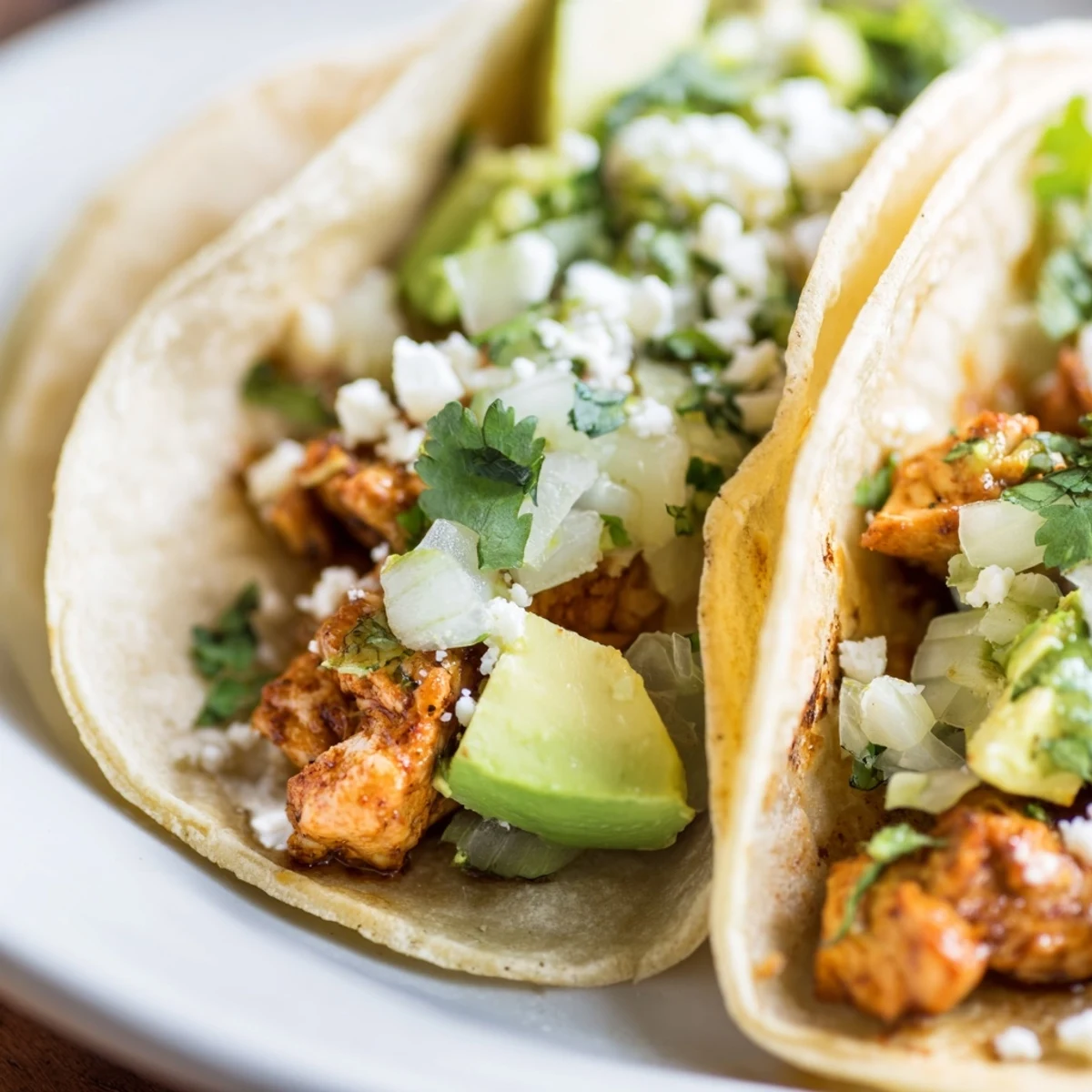 Juicy grilled chicken street tacos stuffed in warm corn tortillas with fresh cilantro and diced onions.