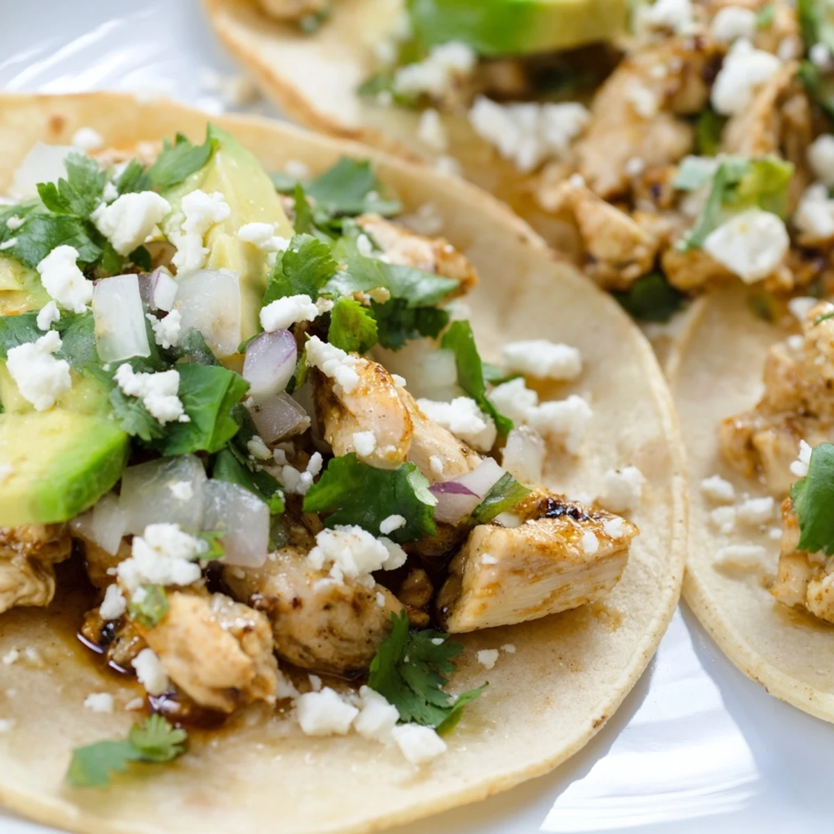 Chicken street tacos served with creamy avocado slices and a zesty lime wedge on the side.