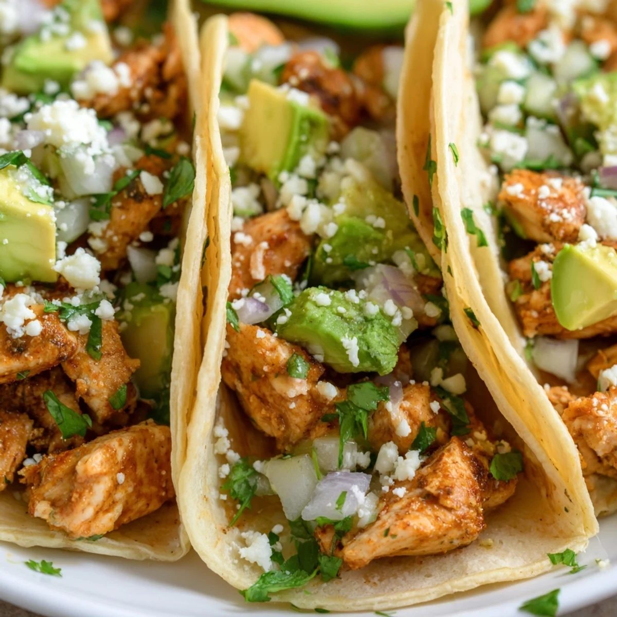 Tender marinated chicken street tacos garnished with cotija cheese and vibrant salsa for a classic Mexican meal.