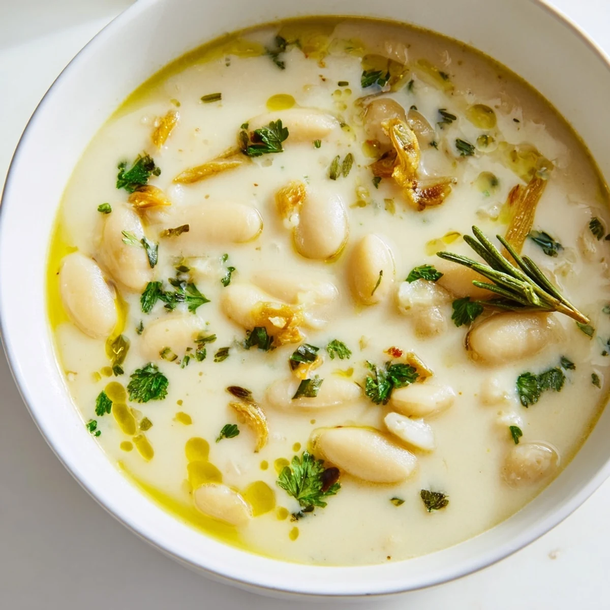 Creamy Rosemary and Roasted Garlic White Bean Soup steaming in a rustic bowl topped with fresh parsley.