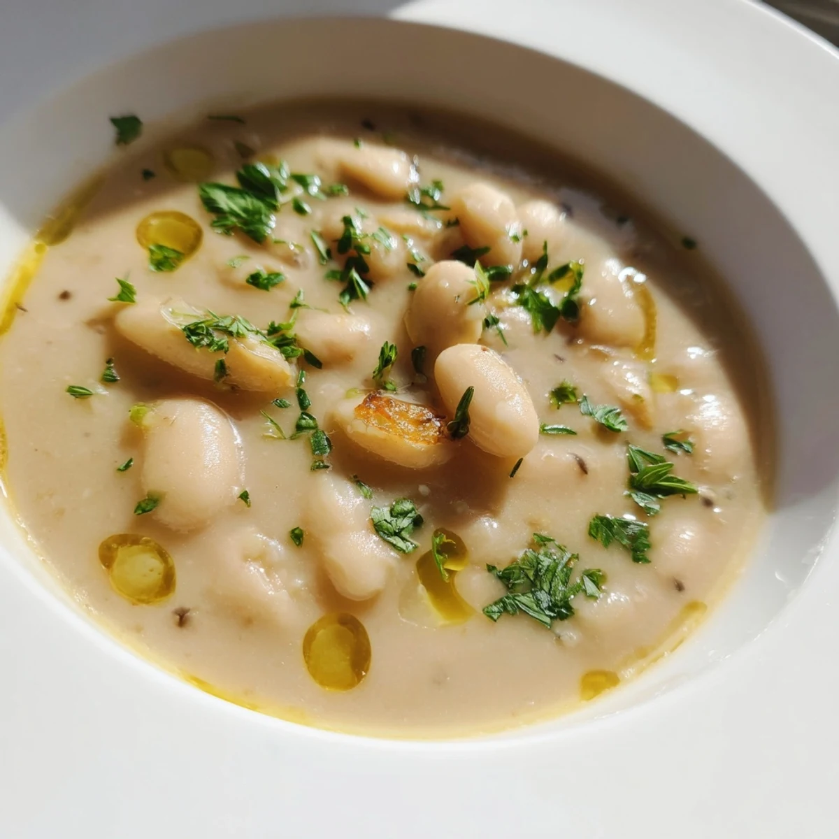 Hearty Rosemary and Roasted Garlic White Bean Soup in a white pot, garnished with a sprig of fresh rosemary.