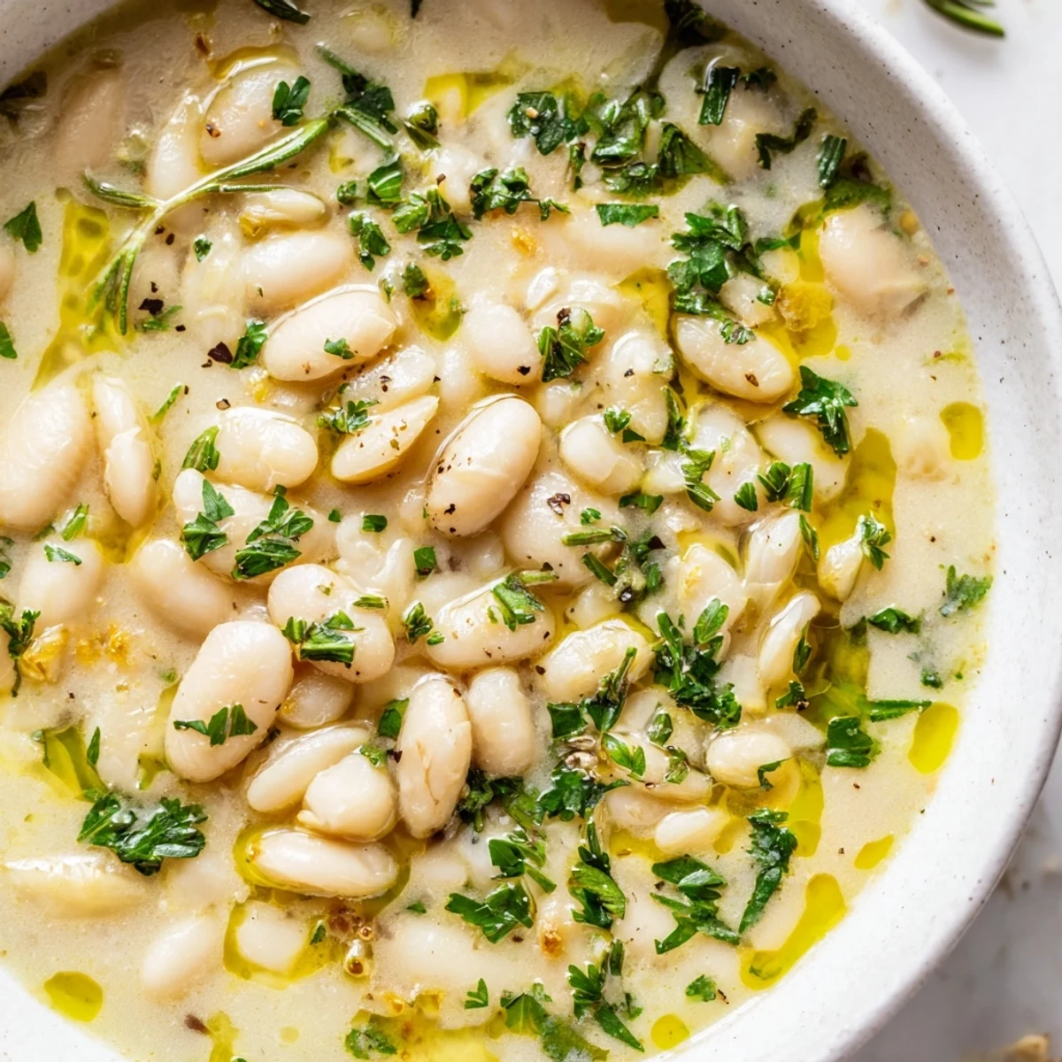 A close-up of Rosemary and Roasted Garlic White Bean Soup drizzled with olive oil and served with crusty bread.