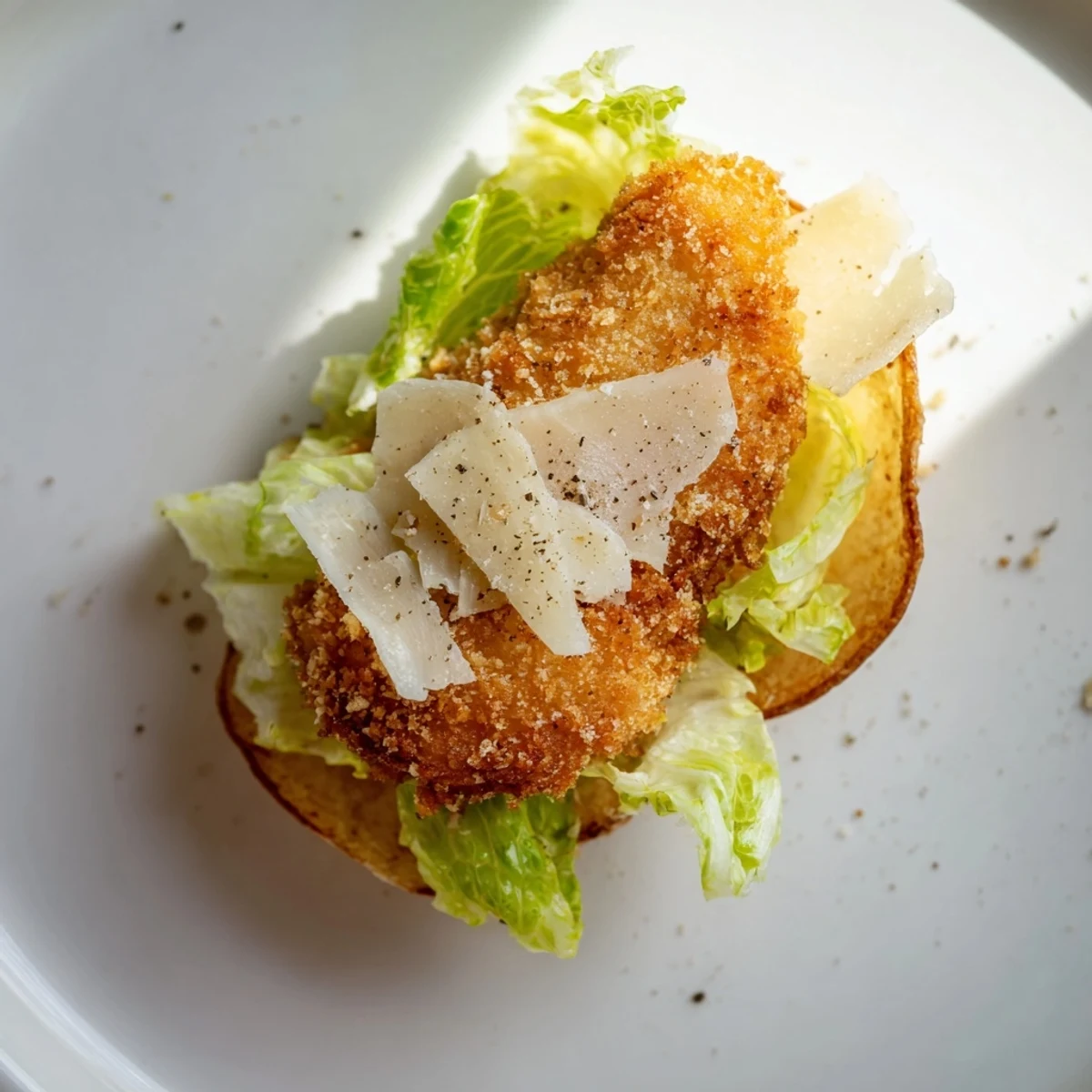 Golden crispy chicken Caesar salad chips topped with fresh romaine, parmesan, and a drizzle of Caesar dressing.