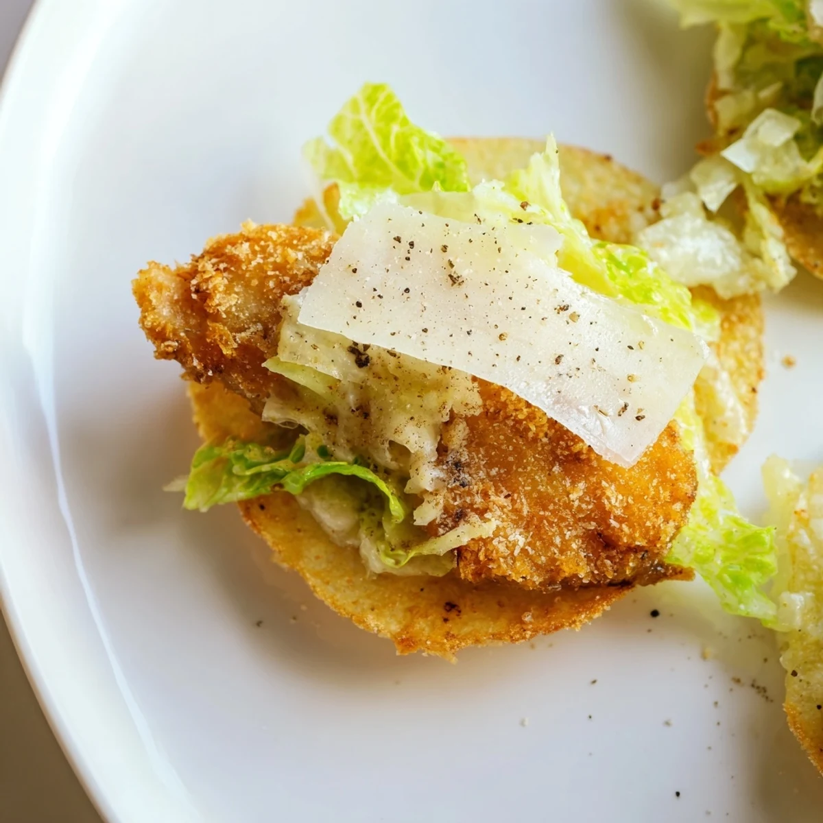 A close-up of Crispy Chicken Caesar Salad Chips featuring crunchy baked potato chips, lettuce, and savory chicken pieces.