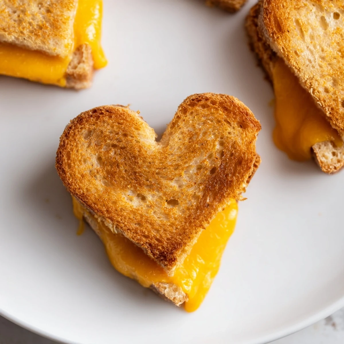 A close-up of Mini Grilled Cheese Hearts served on a white plate with a side of tomato soup for dipping.  