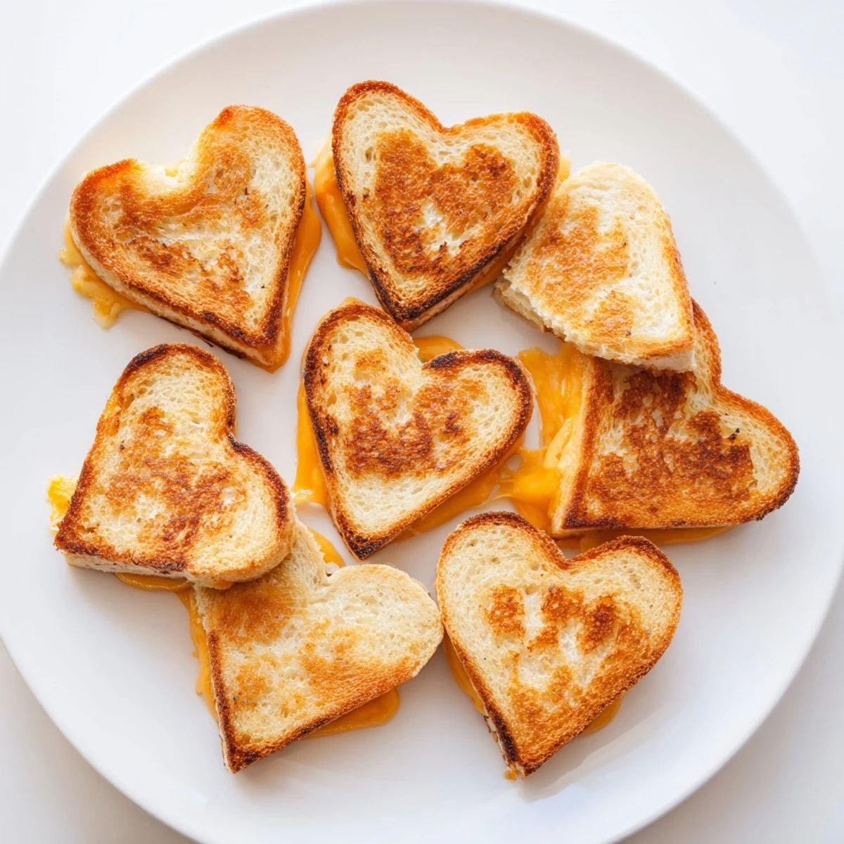 Golden-brown Mini Grilled Cheese Hearts resting on a rustic wooden board, melted cheddar oozing from heart-shaped bread edges.  