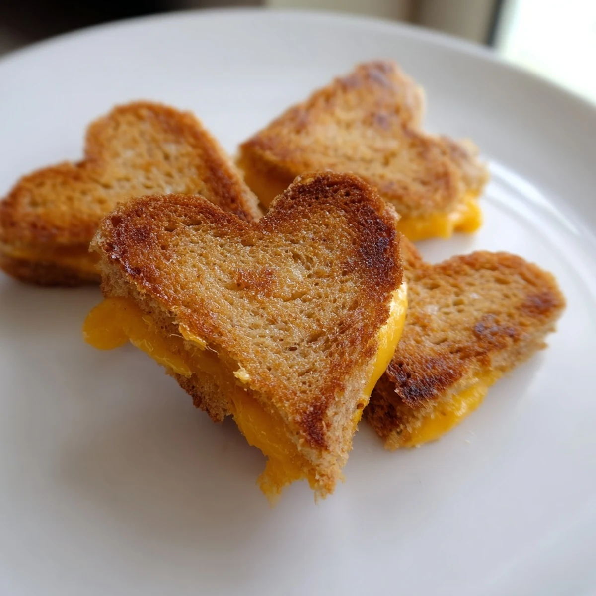 Freshly made Mini Grilled Cheese Hearts stacked in a pyramid, perfect for a Valentine's Day party appetizer spread.