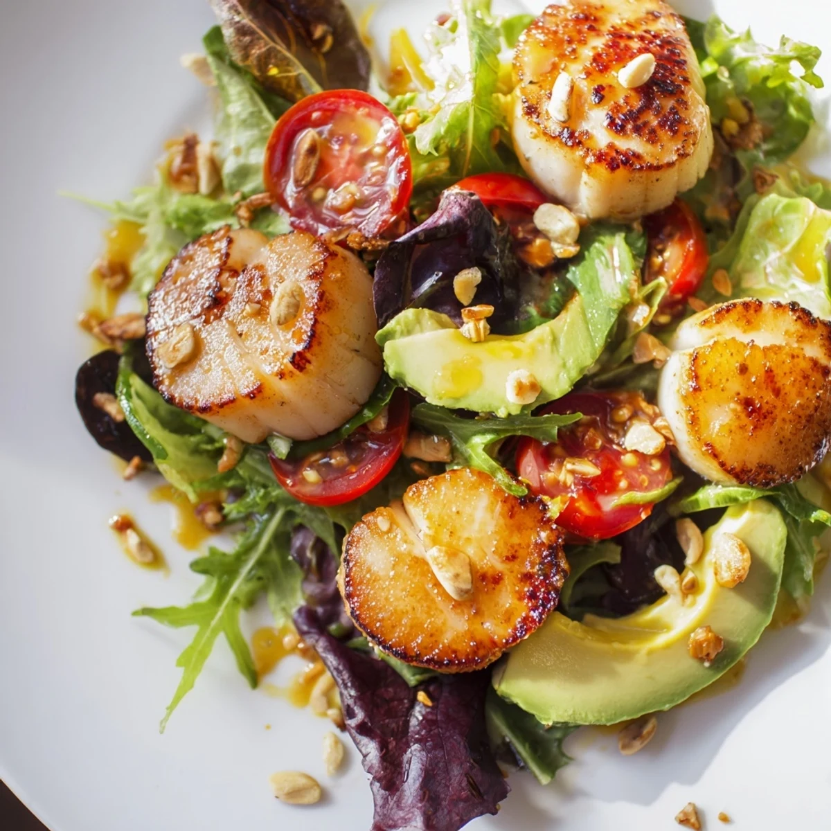 Golden seared scallops rest atop a vibrant salad of mixed greens, avocado, and cherry tomatoes, dressed in citrus vinaigrette.