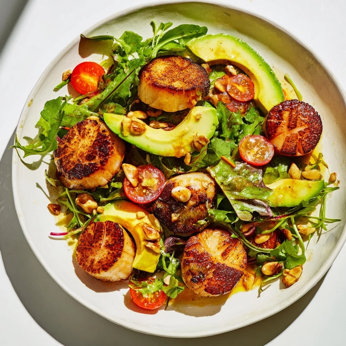 Freshly seared scallops with a golden crust are arranged on a bed of greens and pomegranate arils on a plate.