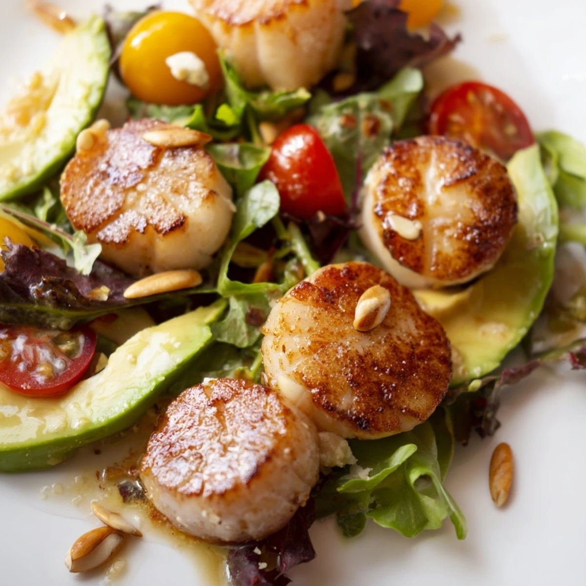 A close-up of the Pan Seared Scallops Romantic Dinner Salad reveals tender scallops and toasted pine nuts beside a glass of white wine.