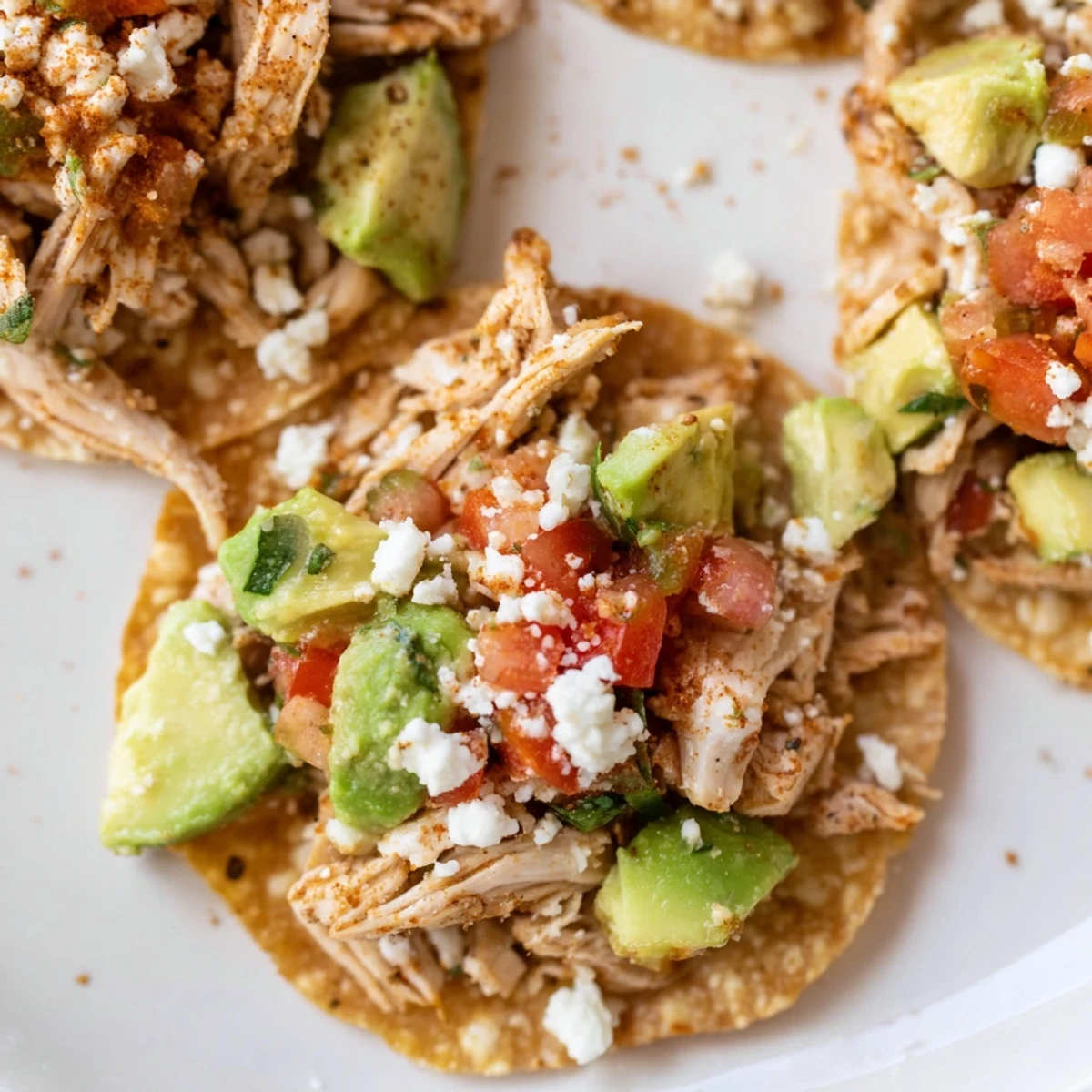 Golden crispy mini chicken tostadas topped with creamy avocado and fresh pico de gallo for a party.