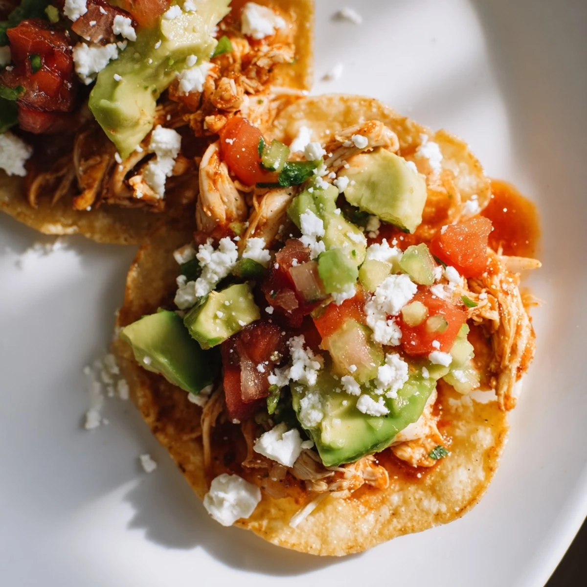 Freshly baked bite-sized tostadas loaded with seasoned shredded chicken and cool sour cream garnish.