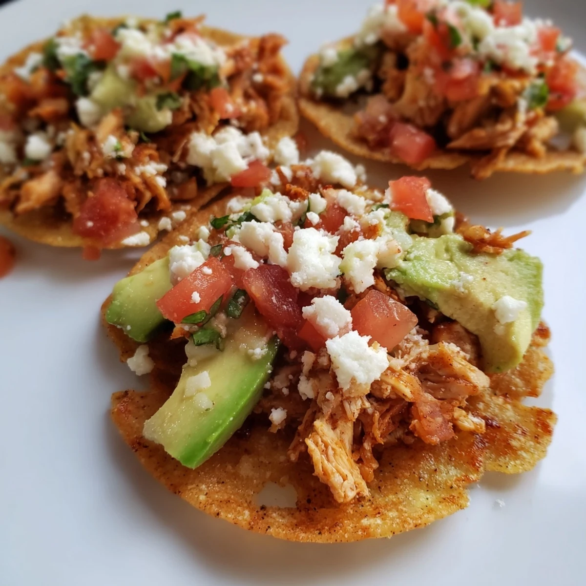 Appetizer plate of mini chicken tostadas with cheese, lime wedges, and vibrant salsa for dipping.