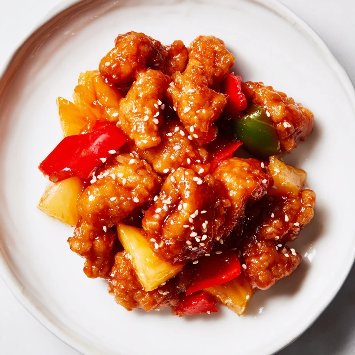 Pineapple Chicken Stir Fry with Sweet Chili and Sesame Seeds is served over fluffy jasmine rice with vibrant bell peppers.