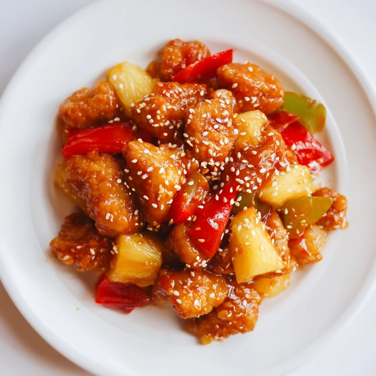 Tender chicken and juicy pineapple chunks glisten in a sweet chili sauce, garnished with toasted sesame seeds for a family dinner.