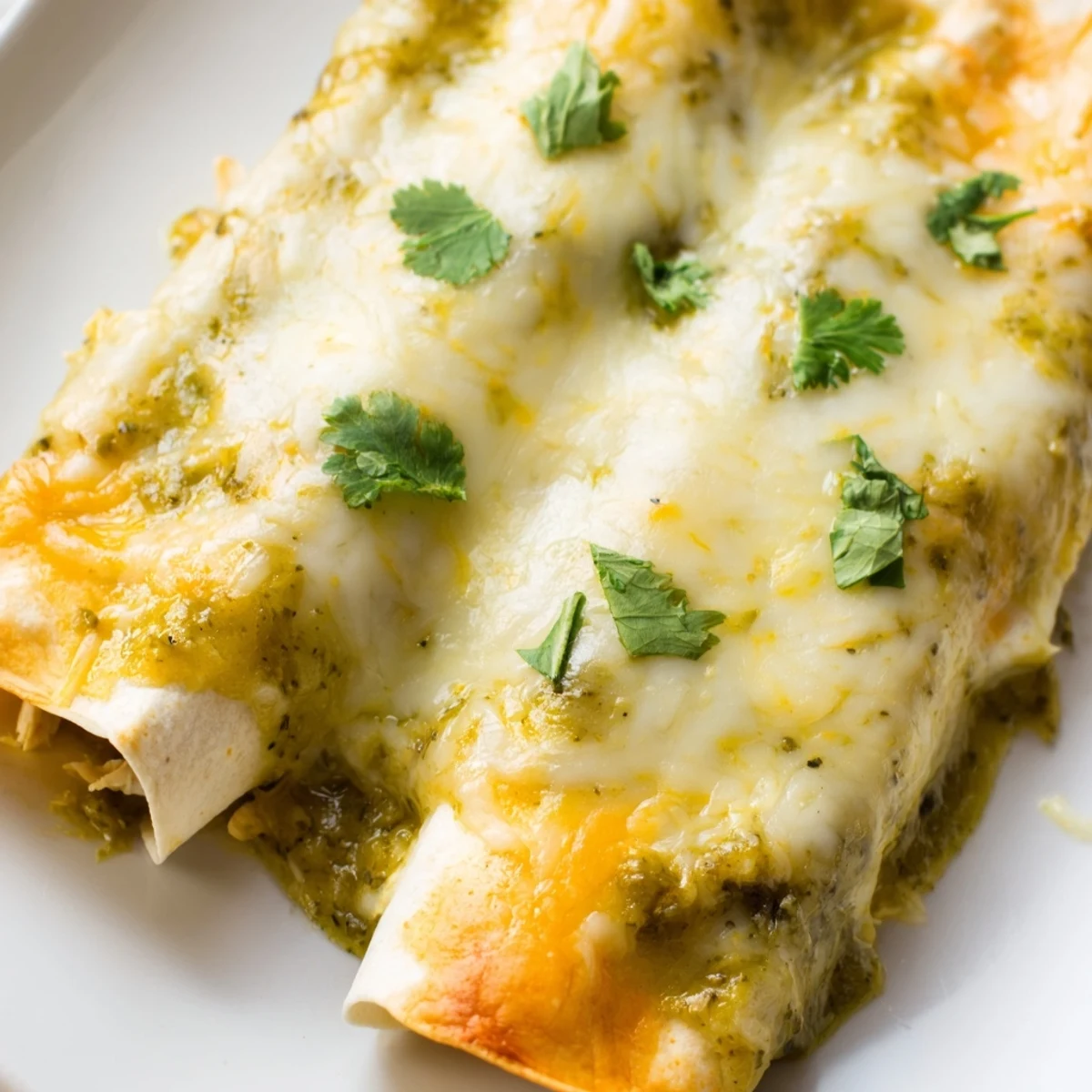 Green Enchiladas With Chicken plated with sour cream and avocado, showing tender shredded chicken inside warm corn tortillas.