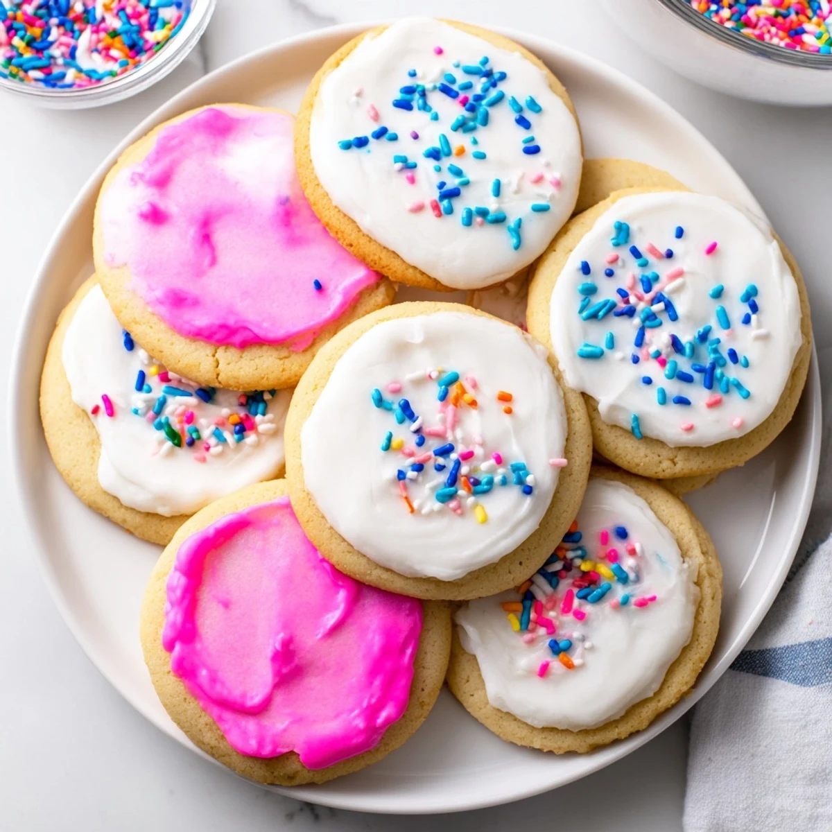 Glossy Sugar Cookie Icing dries smooth on decorated cookies, shown on a baking sheet with colorful sprinkles.