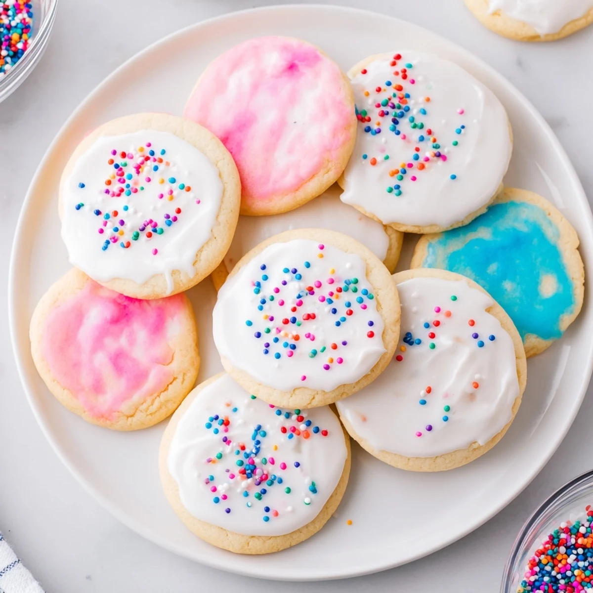 Sugar Cookie Icing drizzled over round cookies, with a whisk and milk nearby in a bright kitchen.
