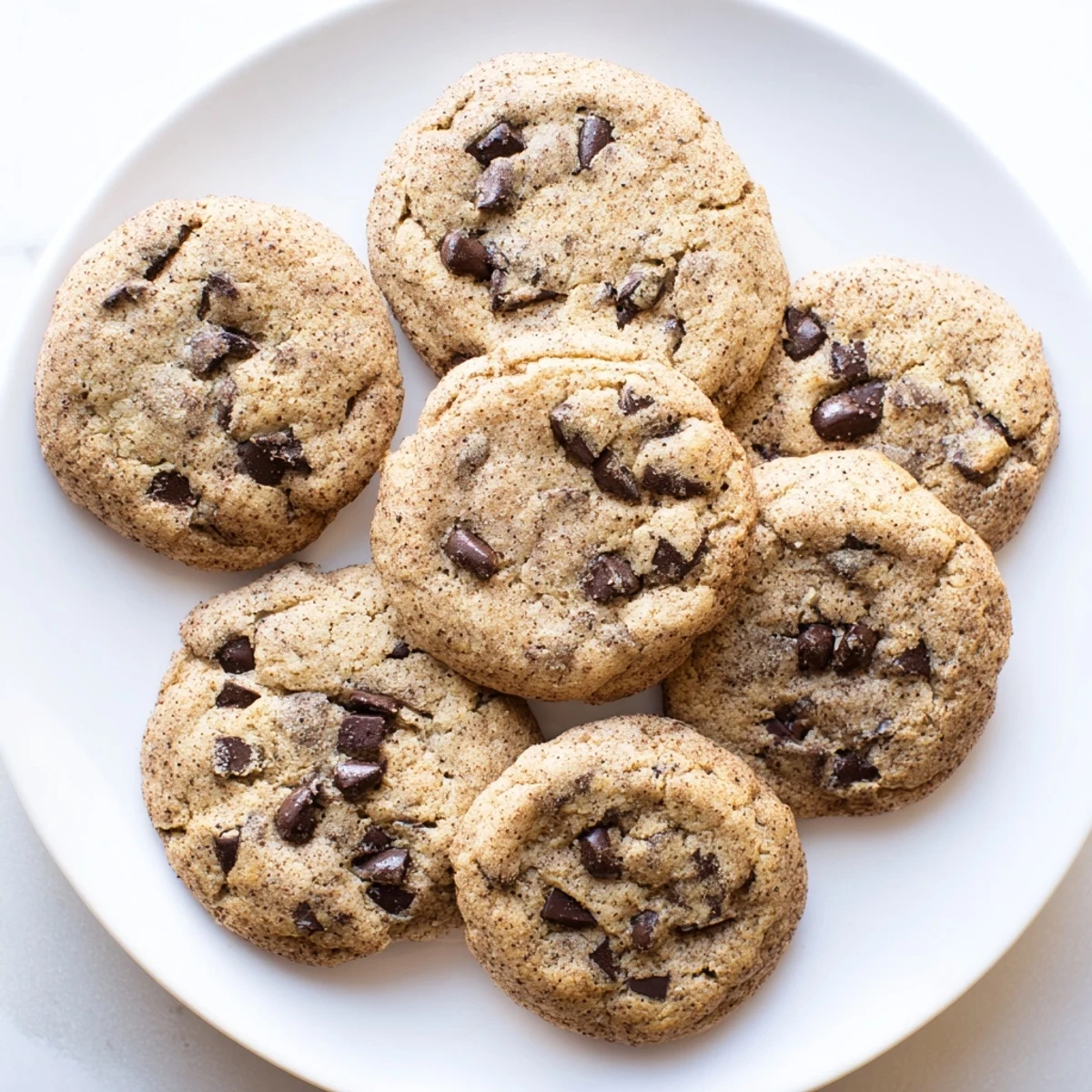 Freshly baked Chai Spiced Chocolate Chip Cookies with gooey chocolate on a rustic wooden table.