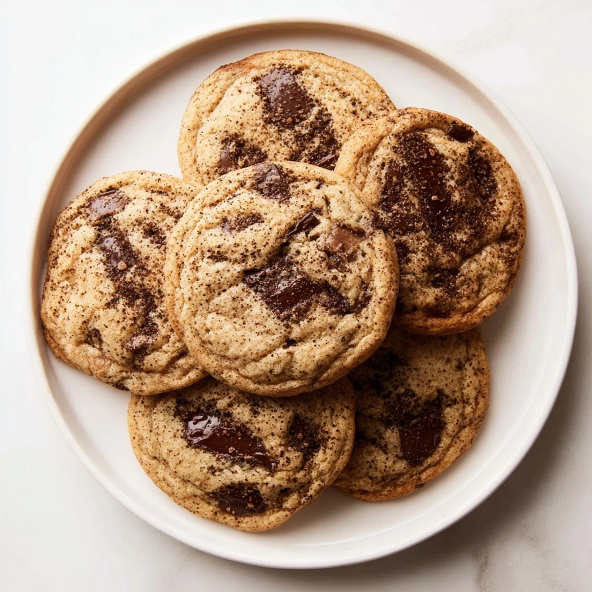 A stack of Chai Spiced Chocolate Chip Cookies next to a warm mug of chai latte.
