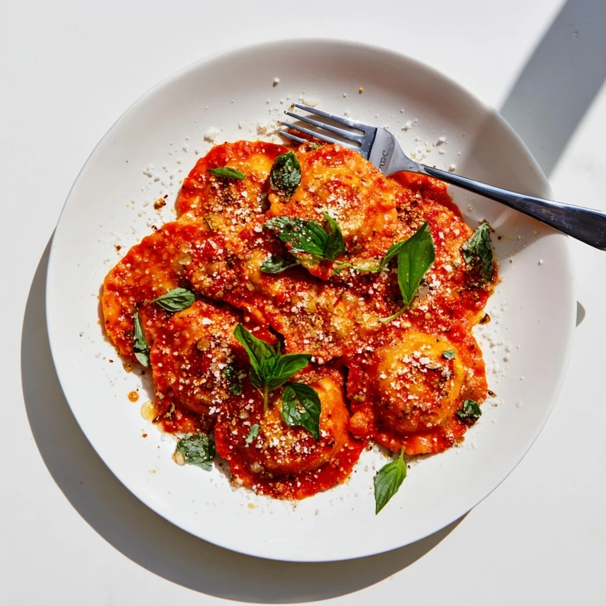Steaming 20-Minute Ravioli with Simple Sauce glistens with fresh basil and Parmesan in a rustic Italian bowl.