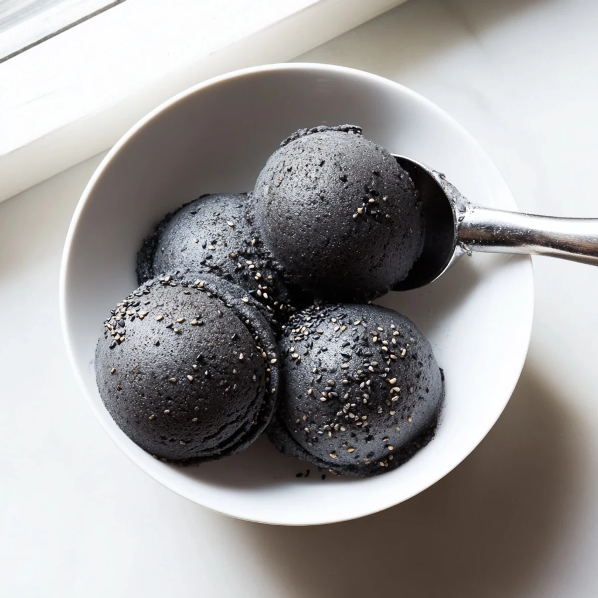 A scoop of Toasted Black Sesame Ice Cream melts slightly beside delicate sesame cookies on a modern tray.
