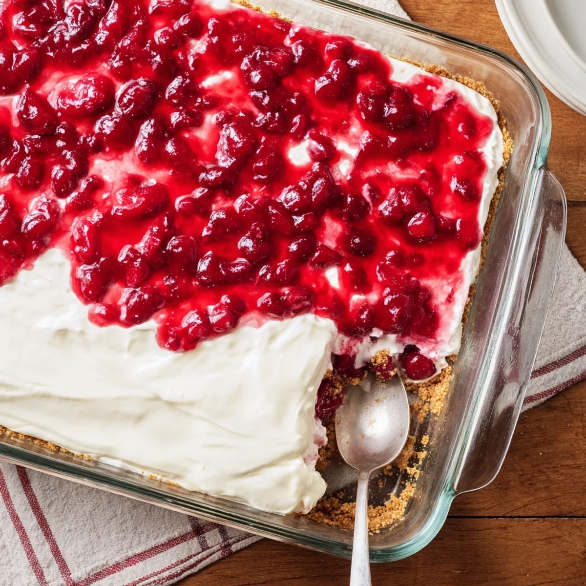 Slice of Classic Cherry Delight lifted from a 9x13 pan, revealing the smooth cream cheese layer and crunchy crumb base, served chilled on a dessert plate.