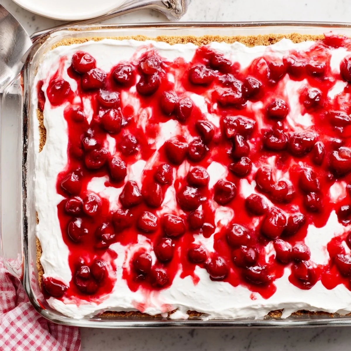 Close-up of Classic Cherry Delight in a glass dish, showing ruby-red cherry pie filling glistening over creamy layers and a golden graham cracker crust.