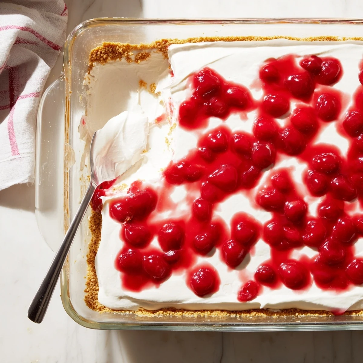 Freshly made Classic Cherry Delight topped with vibrant cherries, ready to be chilled and cut for an easy summer potluck or family gathering.