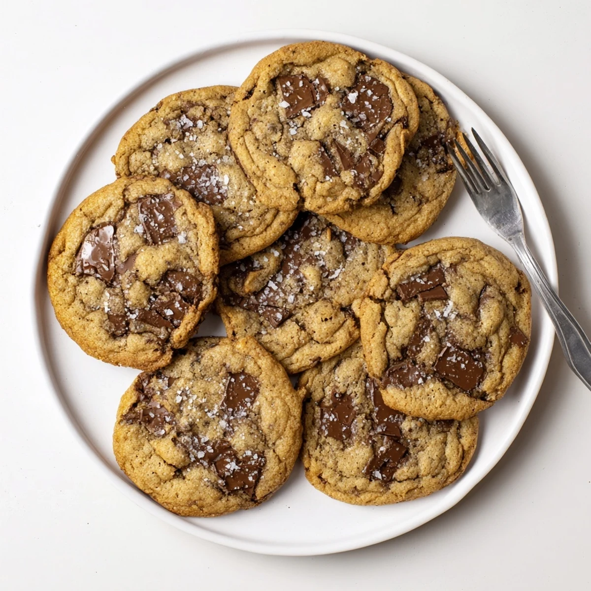 Close-up of chewy Miso Chocolate Chip Cookies sprinkled with flaky sea salt, highlighting their buttery texture and subtle umami flavor on a marble countertop. 