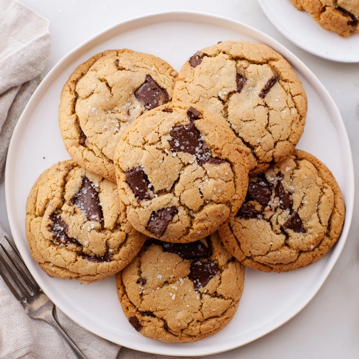 A plate of freshly baked Miso Chocolate Chip Cookies, some broken open to show the rich chocolate interior, paired with coffee for an afternoon treat.